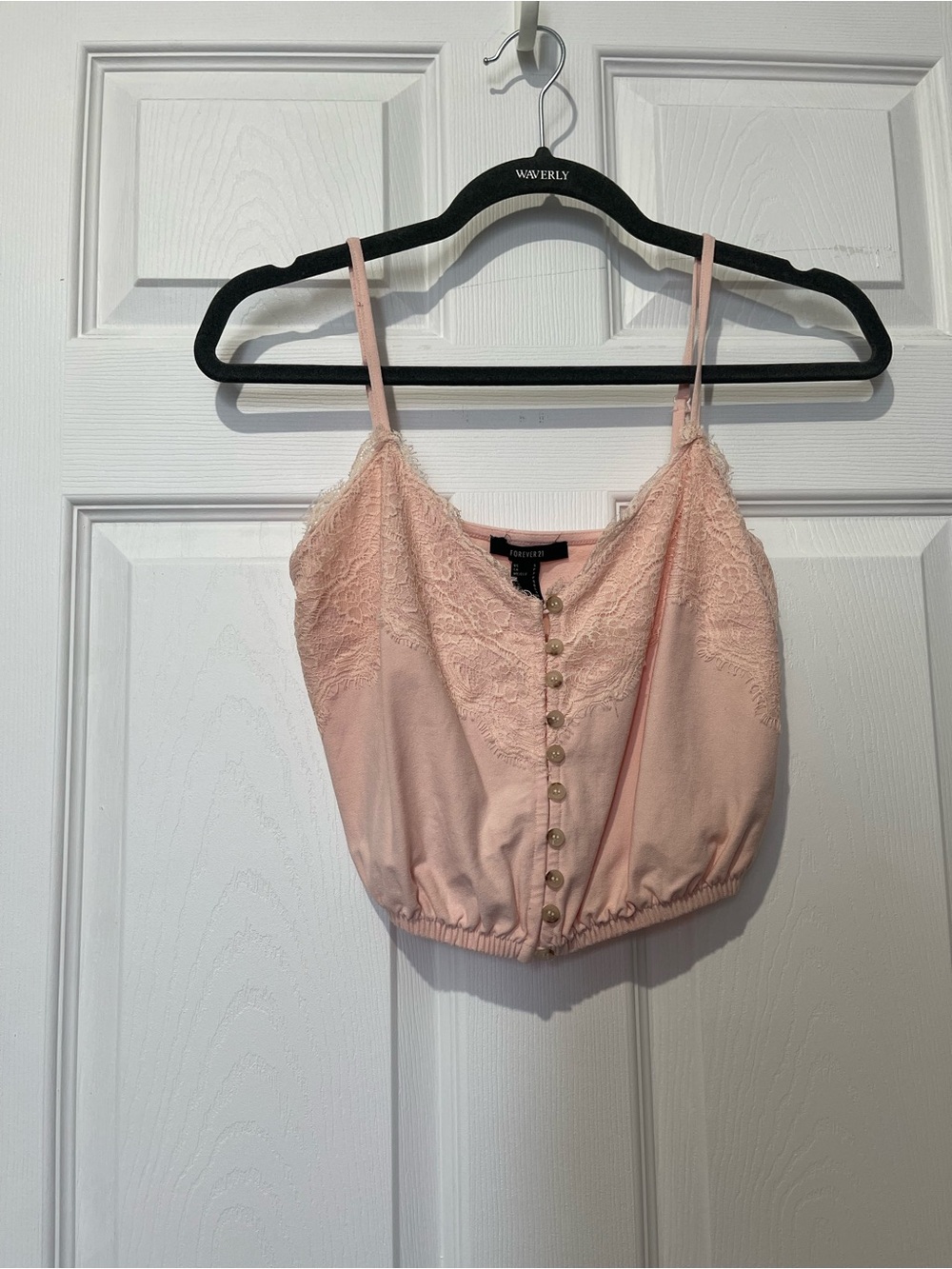 Forever 21 Blush Pink Lace Trim Button-Front Crop Top